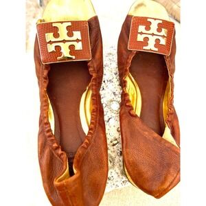 Vintage TORY BURCH Brown Leather Gold Accent Peep-toe Shoes Good Year Soles